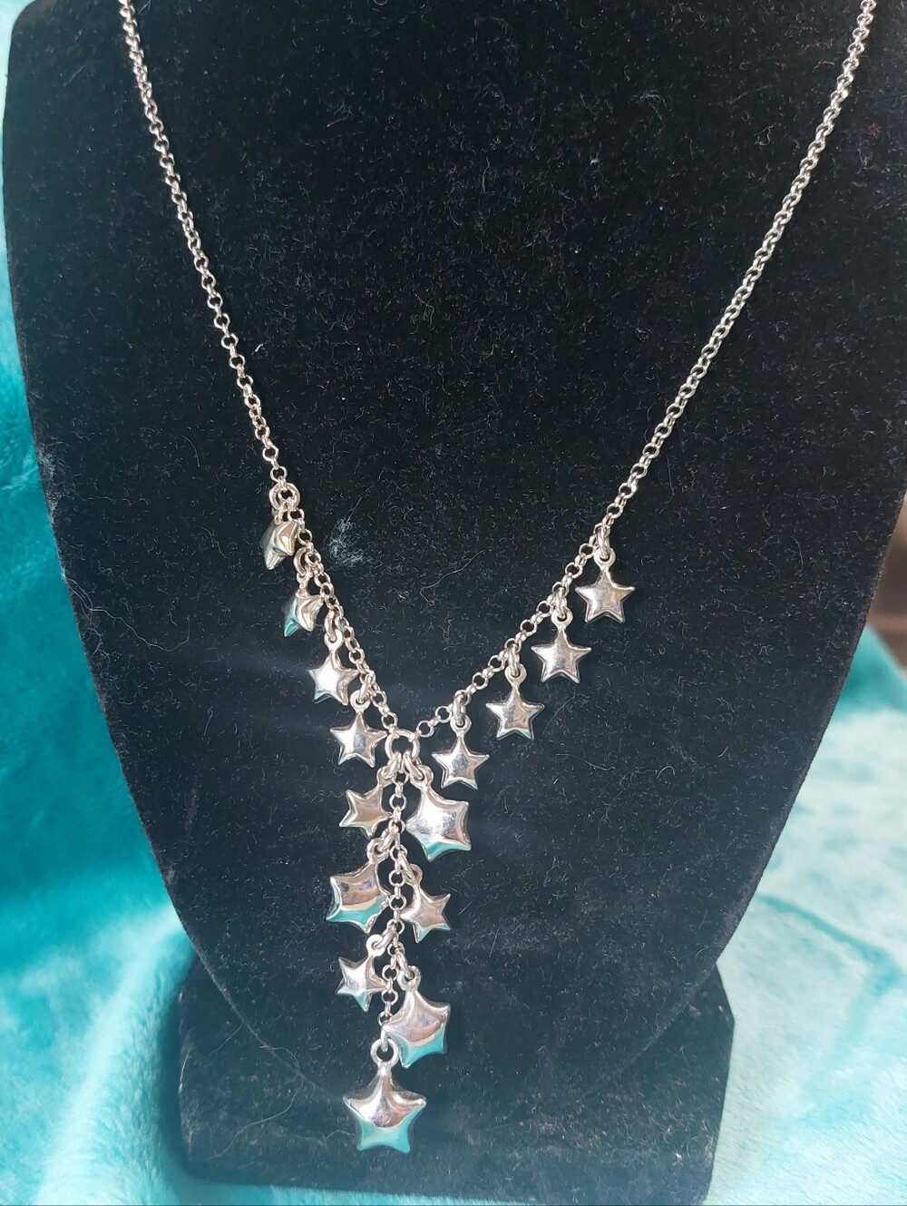 Vintage Italian Sterling Silver 925 Italy Y- Necklace, Puffed Star Charm Cascade